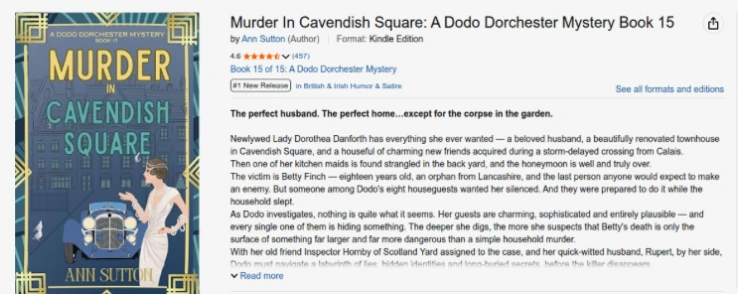 Amazon listing for Murder In Cavendish Square by Ann Sutton, showing the orange #1 New Release badge in British & Irish Humor & Satire.